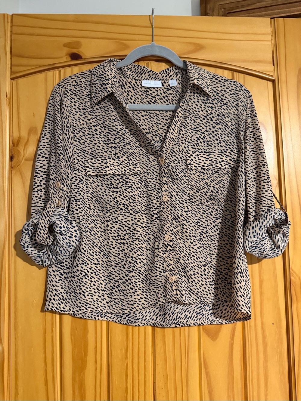 New York & Company Beige Button-Down Blouse with Black Dot Print